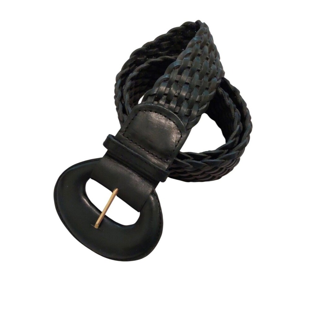 Women's 80s Vintage Black Braided Leather Belt with Rounded Buckle